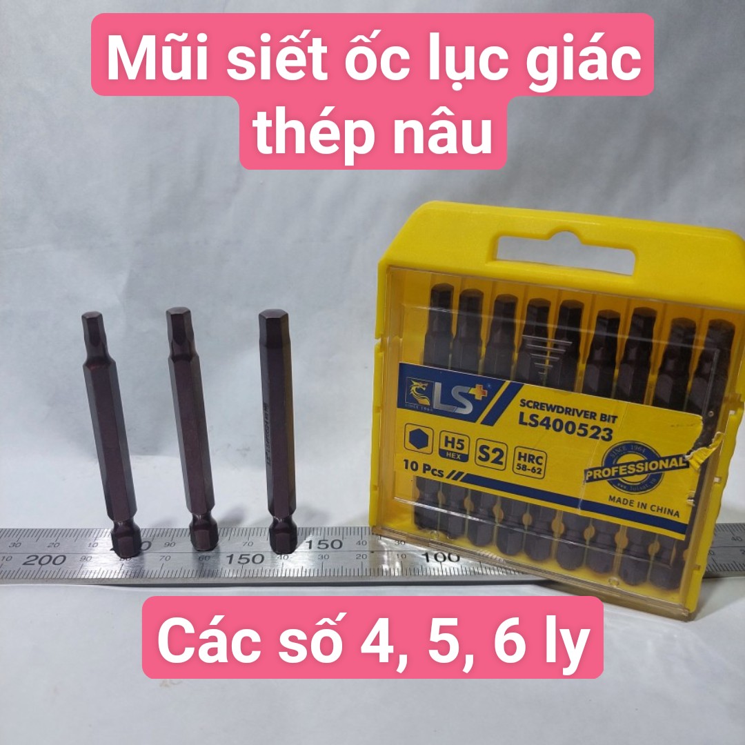 Sét 3 đầu siết ốc lục giác 4,5,6 ly thương hiệu LS, mũi siết ốc lục giác thép nâu chắc chắn, chống toét đầu, mũi vặn ốc lục giác gắn máy khoan, mũi vít chắc chắn