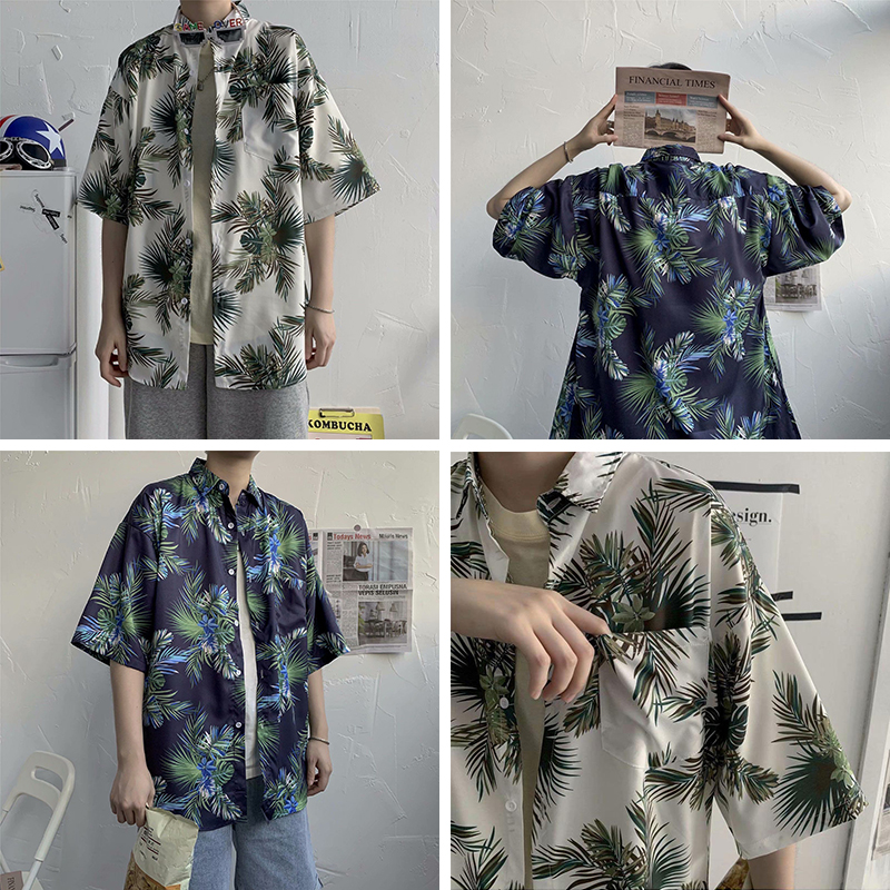 (M ~ 3XL) Áo sơ mi nam Hàn Quốc tay ngắn, dáng suông hợp thời trang, Phong cách cảng Hawaii Phong cách Nhật Bản, Cổ điển, Áo sơ mi hoa bên bờ biển