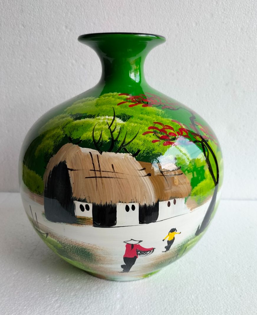 Bình hút tài lộc gốm sứ Mỹ Nghệ Bát Tràng cao cấp cỡ số 2 ( bình đại ),màu Xanh lá cây nhạt vẽ họa tiết đồng quê,cao 33cm  rộng 28cm