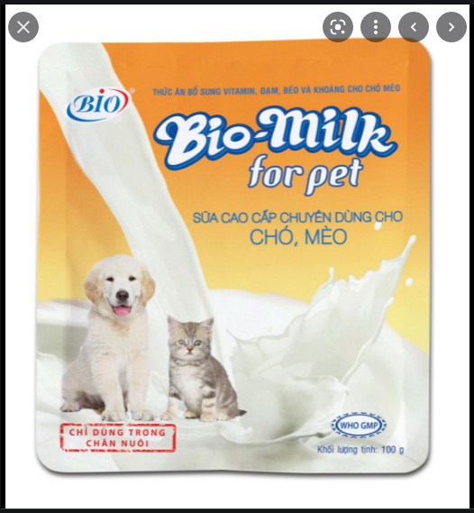 Sữa bột BioMilk cho Chó con- Mèo con. Cả Mèo mẹ- Chó mẹ mang bầu hay mới sinh đều dùng được. 100g/ gói.