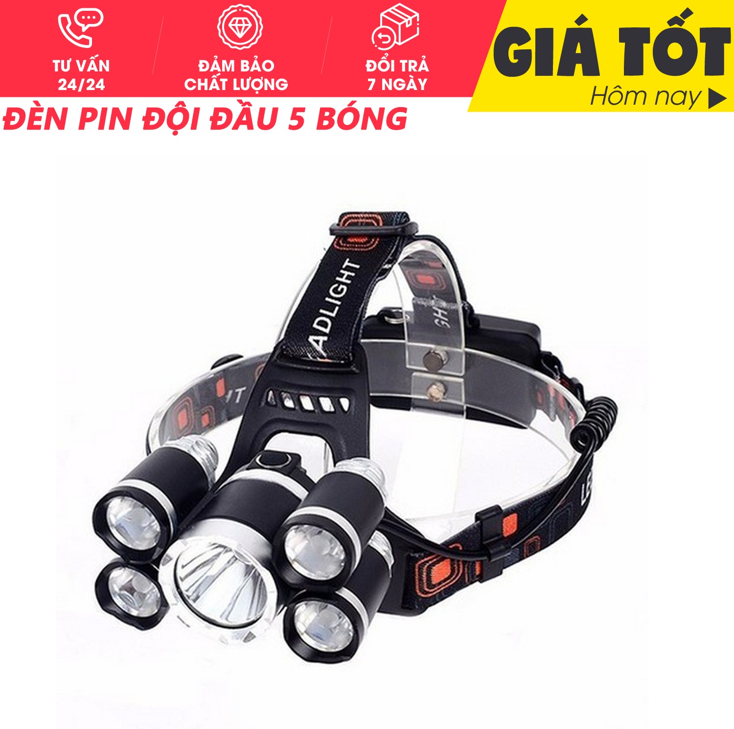 Đèn pin, Đèn pin đội đầu 5 bóng, đèn pin siêu sáng, đèn pin đội đầu, sạc điện, 5 bóng nhiều chế độ, thu ánh sáng gần xa, bao gồm 2 pin sạc và cục sạc - Hỗ trợ đổi trả 7 ngày