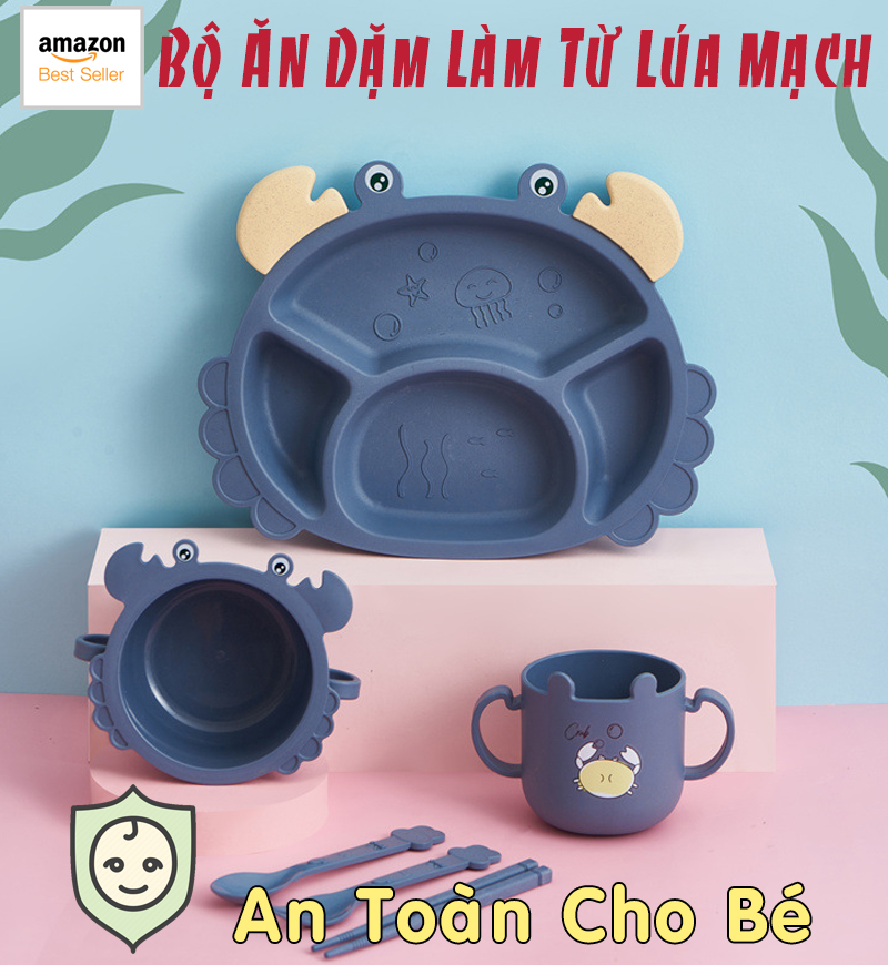 Bộ Khay ăn dặm lúa mạch, An Toàn Cho Bé, Bộ 6 chi tiết khay, bát, cốc, thìa, nĩa, đũa hình con Cua