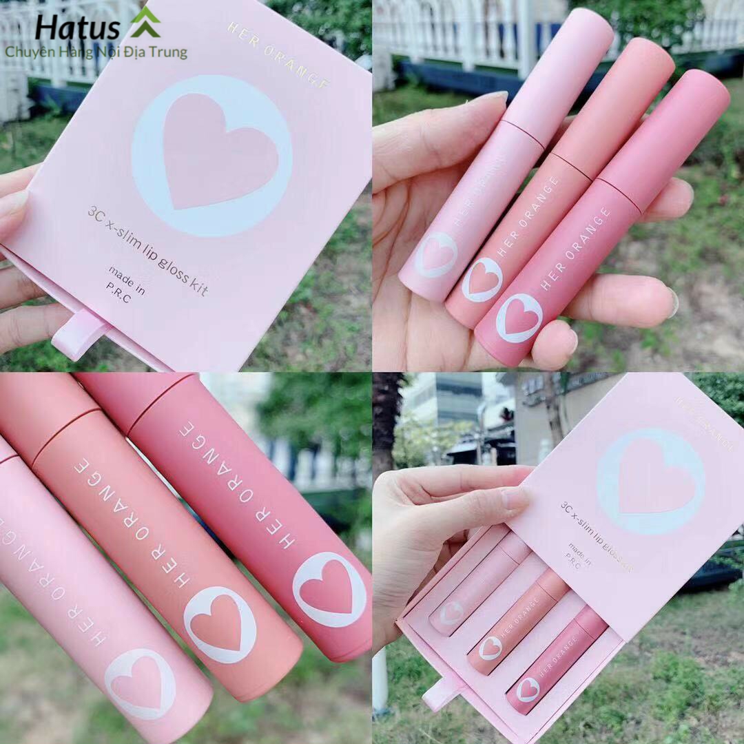 Set 3 Son Kem Lì Her Orange Trái Tim 3C X - Slim Lip Gloss Kit Có Dưỡng Giúp Mịn Môi, Mềm Mượt, Lâu Trôi