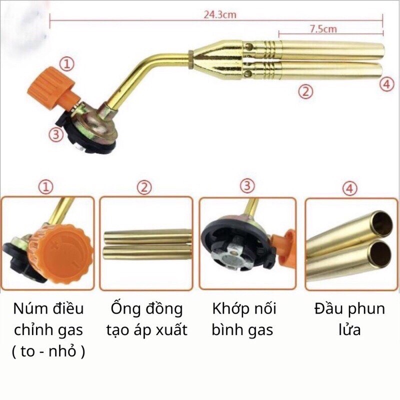 Khò Gas mini 2 lòng 820, khò gas đôi ống dẫn bằng đồng lắp bình gas mini tiện lợi