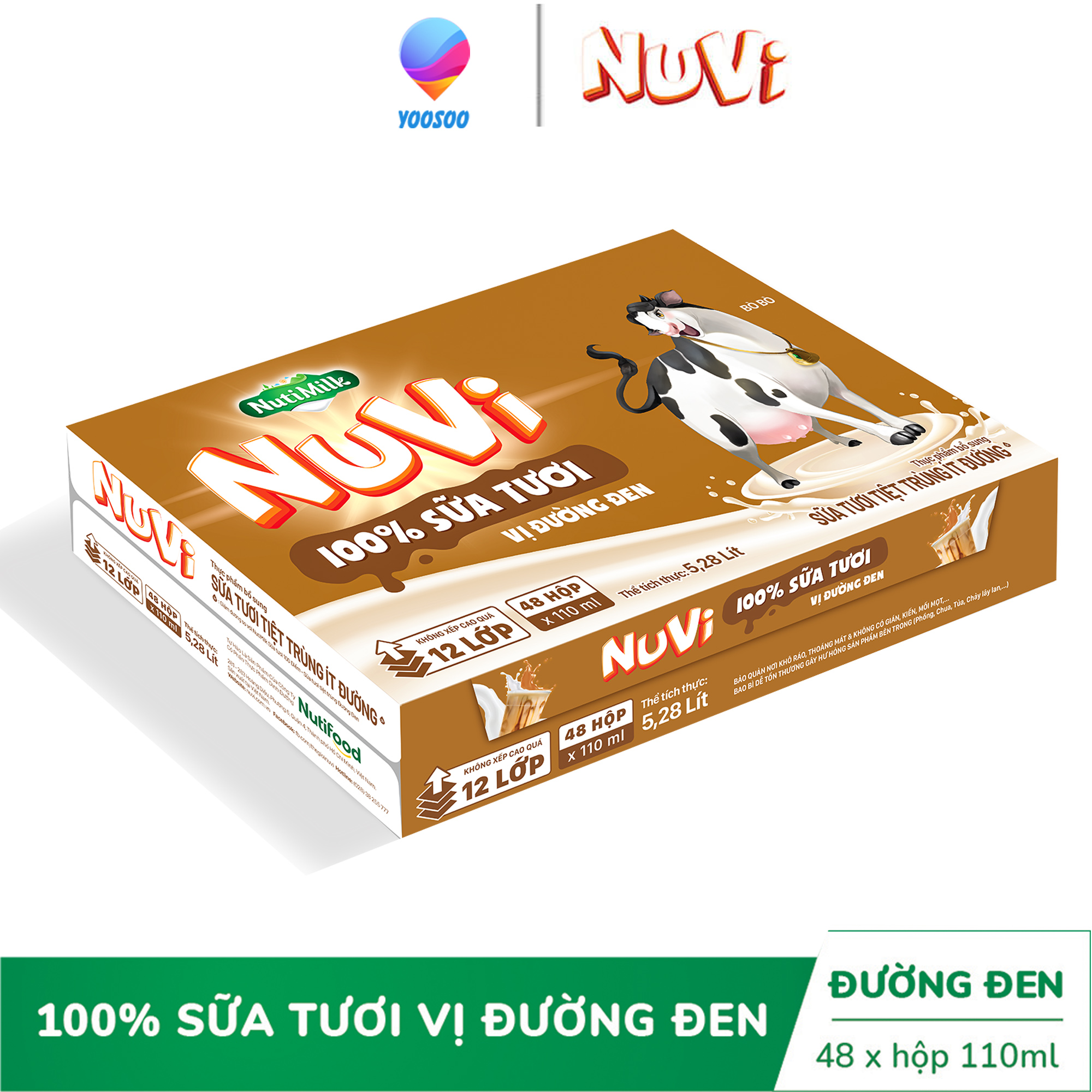 (BAO BÌ MỚI) Thùng 48 Hộp NutiMilk Sữa tươi Nuvi tiệt trùng Ít Đường Vị Đường Đen 110ml TU.STDD110CRN - Thương Hiệu NUTIFOOD - CIRINO
