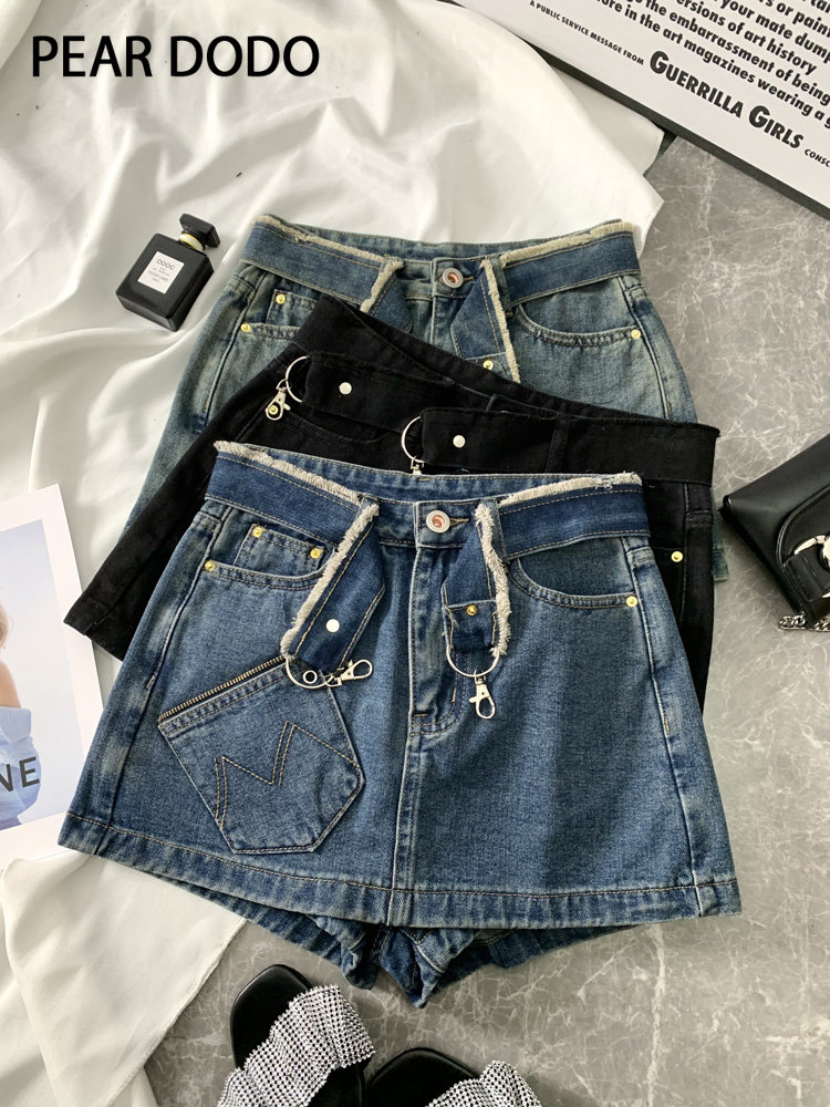 PEAR DODO Cạp cao Hàn Quốc rách váy denim chữ A cho phụ nữ#L0110