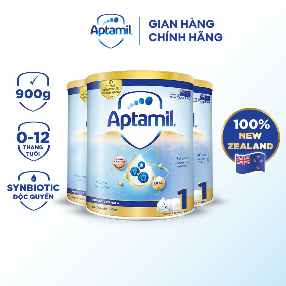 Combo 3 Sữa bột Aptamil New Zealand hộp thiếc Số 1 900g lon cho bé 0-12