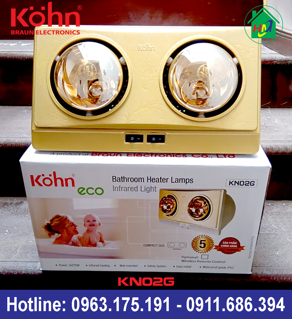 Đèn Sưởi Treo Tường Nhà Tắm 2 Bóng Kohn Braun KN02G Chính Hãng (Bảo Hành 5 Năm)