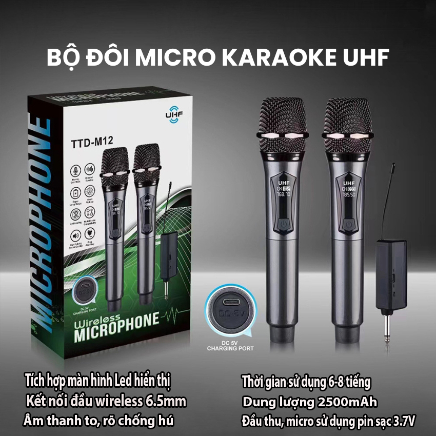 Bộ gồm 02 Micro Không dây Cao cấp TTD-M12 ( 2 MIC) chống hú, bắt sóng xa, hút âm cực tốt, chất tiếng sáng, bộ micro không dây Bảo hành 12 Tháng Chuyên dụng cho loa kéo, amply hát karaoke,mixer, micro không dây hát karaoke