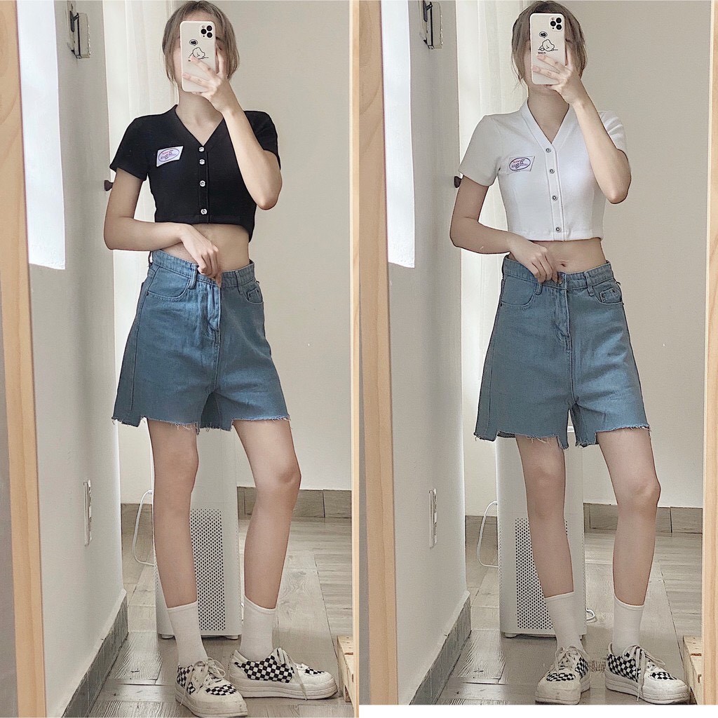 Áo croptop cổ v thêu chữ BS tay ngắn phong cách hàn quốc, áo thun nữ