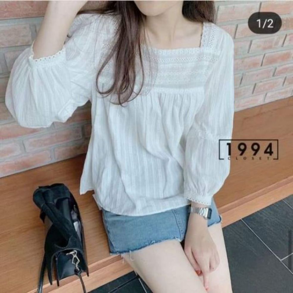 áo babydoll cổ vuông ren tay bồng vintage
