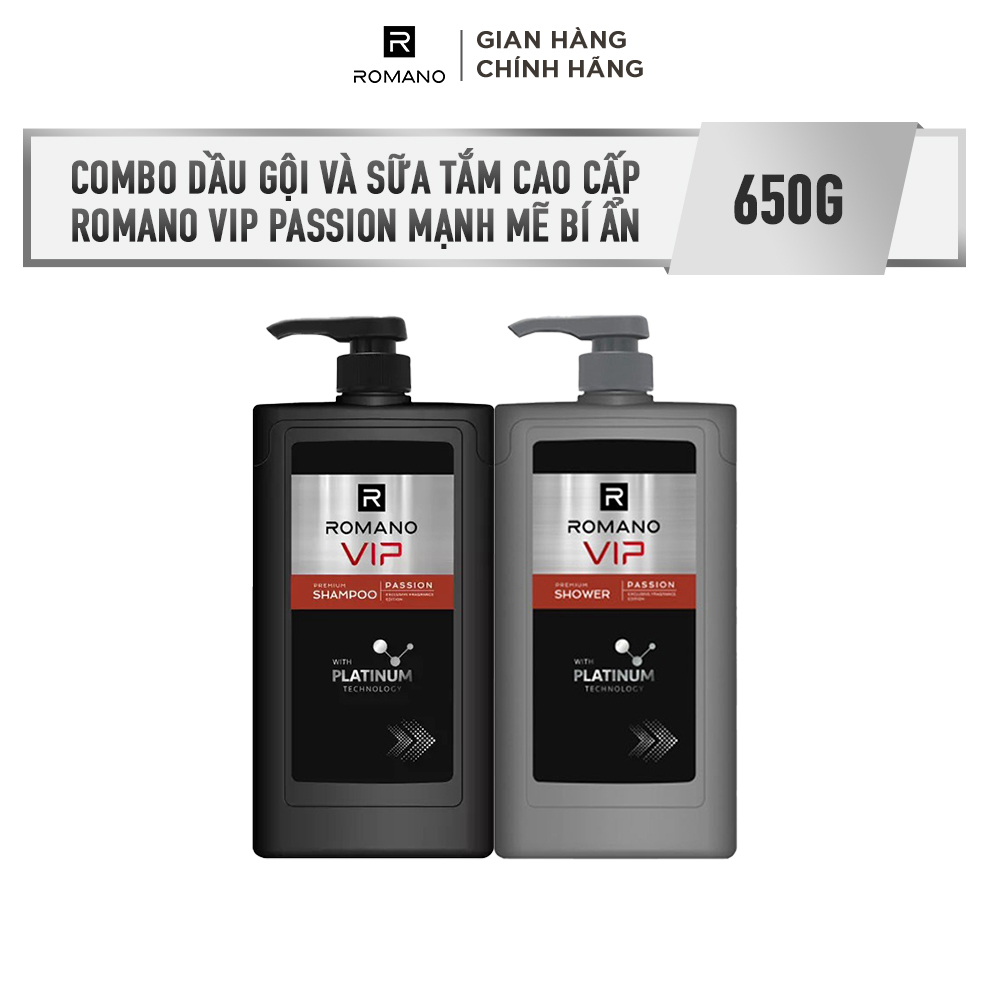 Combo Dầu gội và Sữa tắm cao cấp Romano VIP Vision sang trọng cuốn hút/ Vip Passion mạnh mẽ cuốn hút 650g/chai