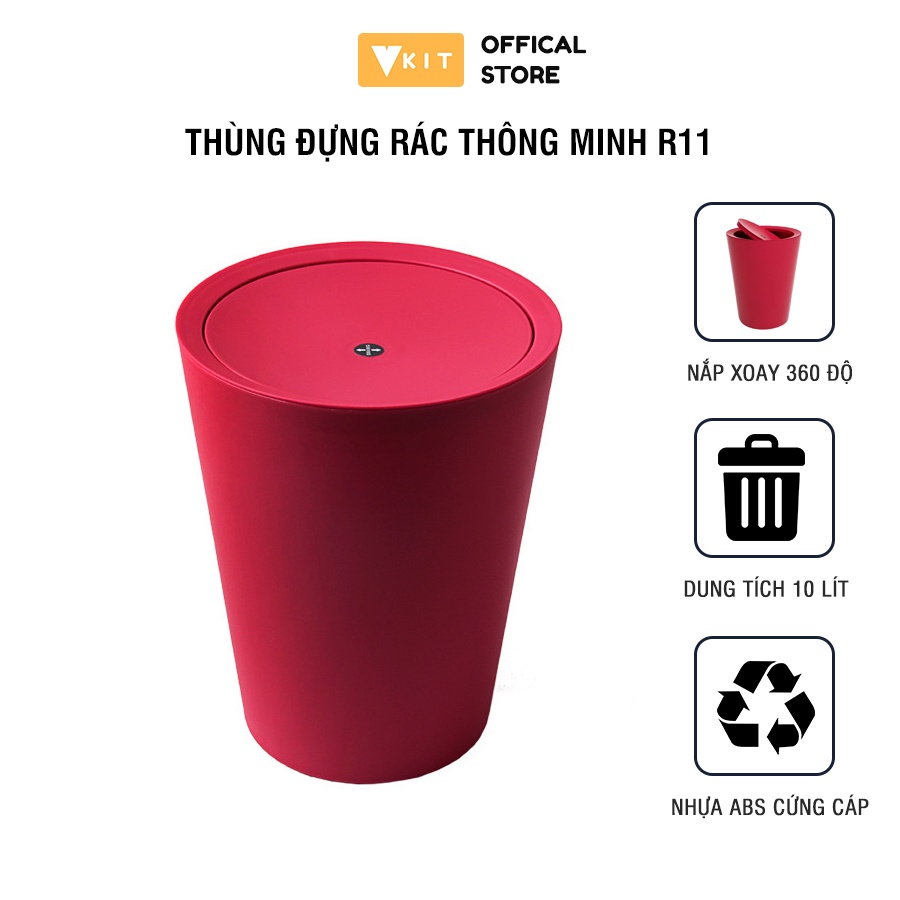 Thùng rác nhựa nắp lật 12l vkit xoay 360 độ - thùng rác nắp lật dung tích 12l- r11