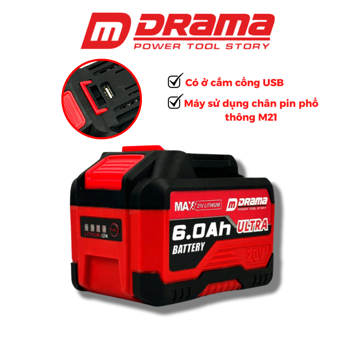 Pin DRAMA Ultra 15 Cell 6Ah, Mạch 4 mosfed, Có cổng cắm USB, Pin máy mài, máy khoan bê tông, tặng cáp sạc 4 trong 1