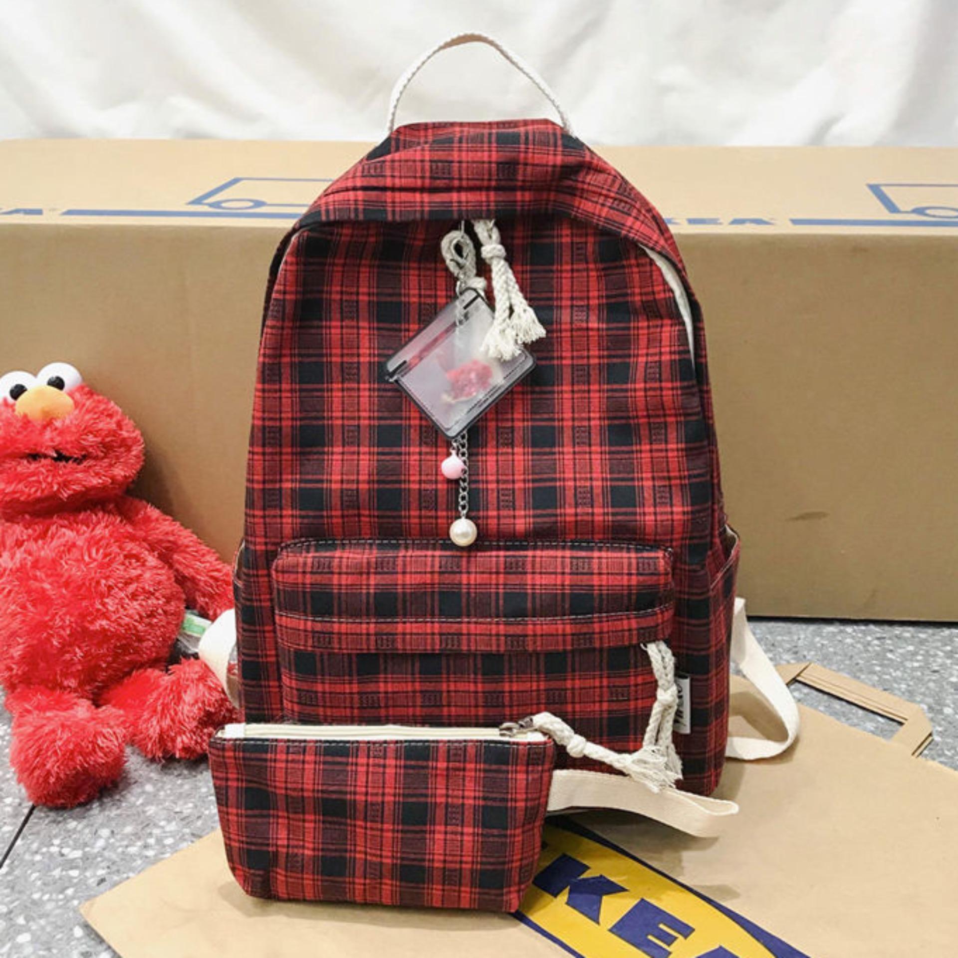 [Mẫu mới 2019] Combo Balo cặp sách đi học vải kẻ caro và túi đựng bút viết thời trang ulzzang Hàn Quốc - dorami