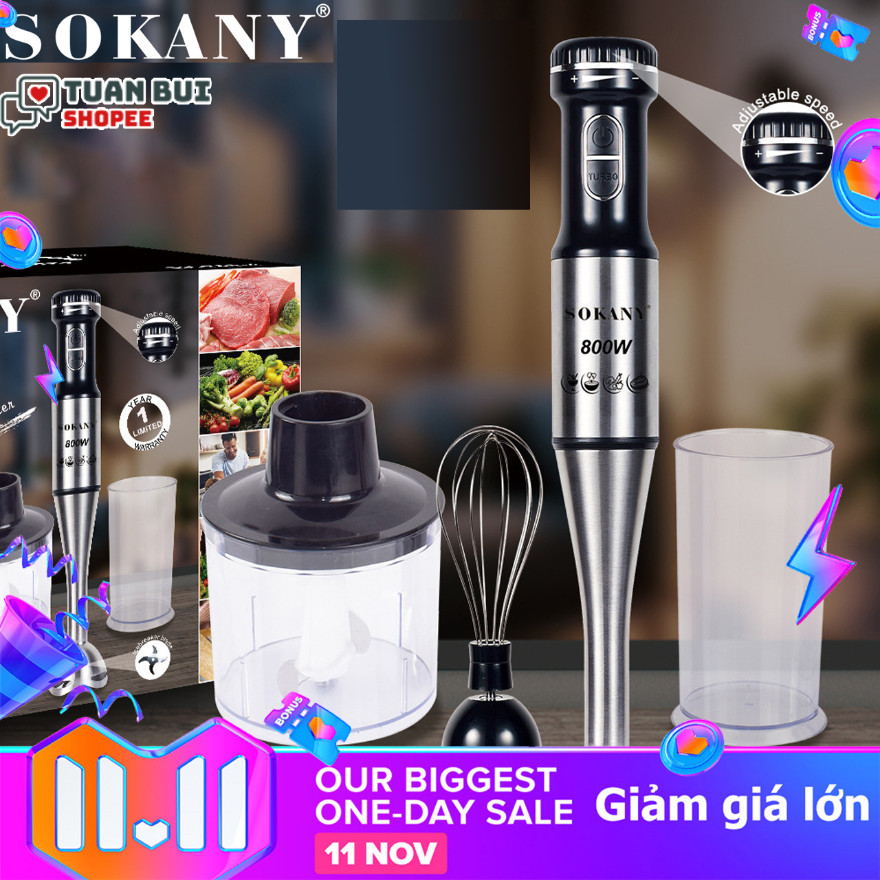 Sokany máy xay sinh tố điện 500w 4 trong 1, máy trộn cầm tay máy nấu ăn, máy xay thịt nhà bếp máy đánh trứng