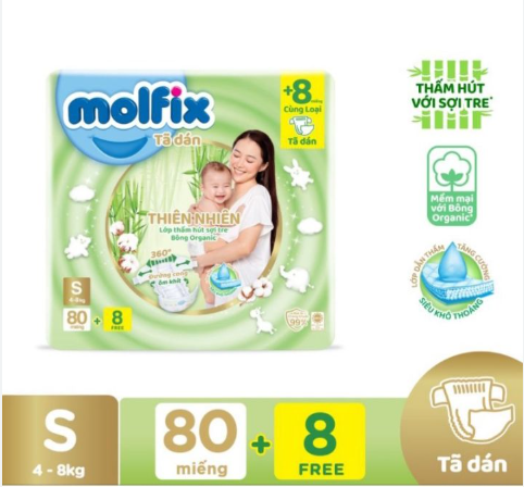 combo 2 gói tả dán Molfix size S 80+8 miếng