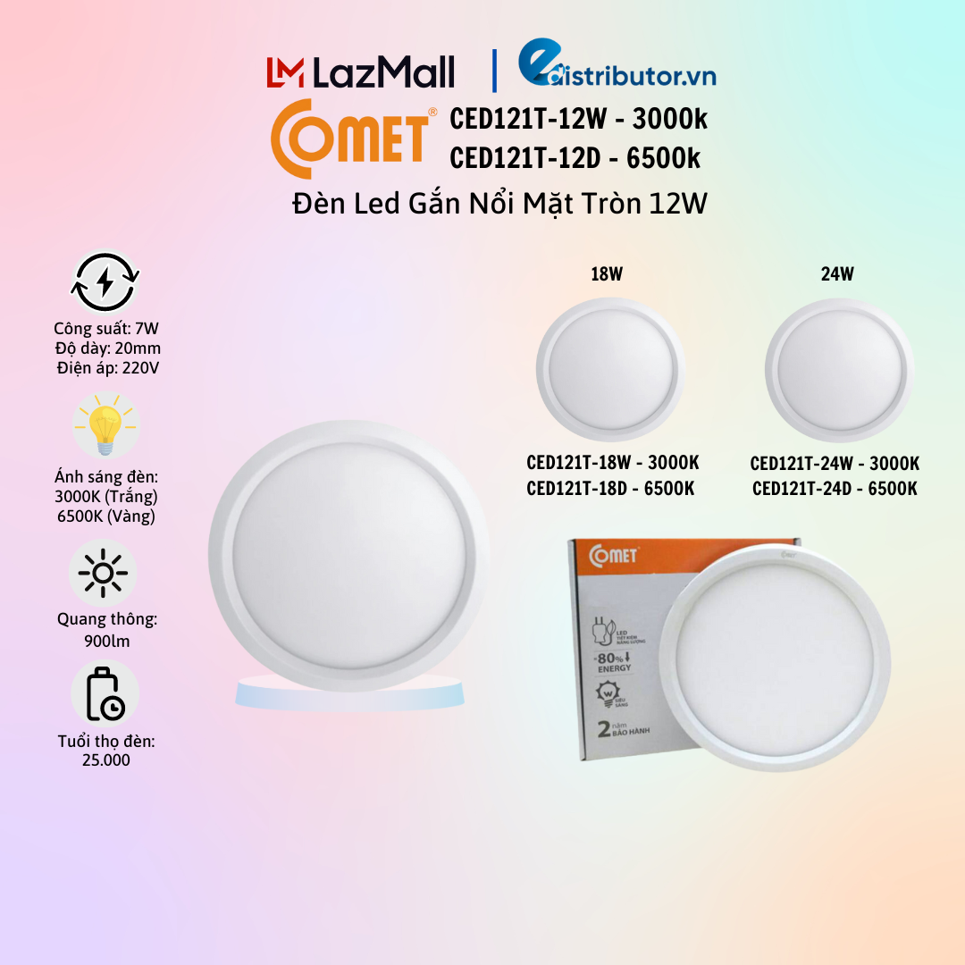 Đèn led gắn nổi mặt tròn comet ced121t-12w / ced121t-12d / ced121t-18w / ced121t-18d / ced121t-24w / ced121t-24d - hàng chính hãng - bảo hành 12 tháng - tiện lợi
