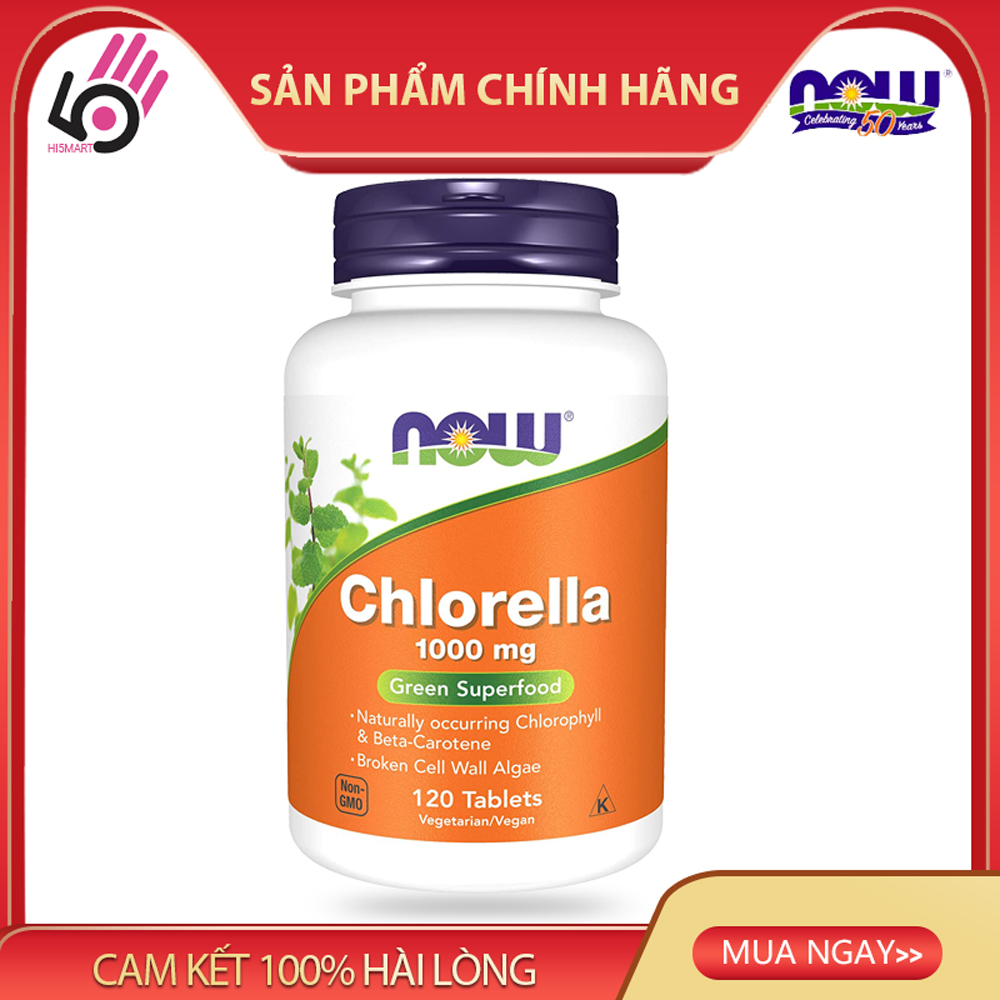 Thực phẩm bổ sung, NOW Chlorella 1000 mg với chất diệp lục tự nhiên, Beta-Caroten, Carotenoid hỗn hợp, Vitamin C, Sắt và Protein, 120 Viên nén