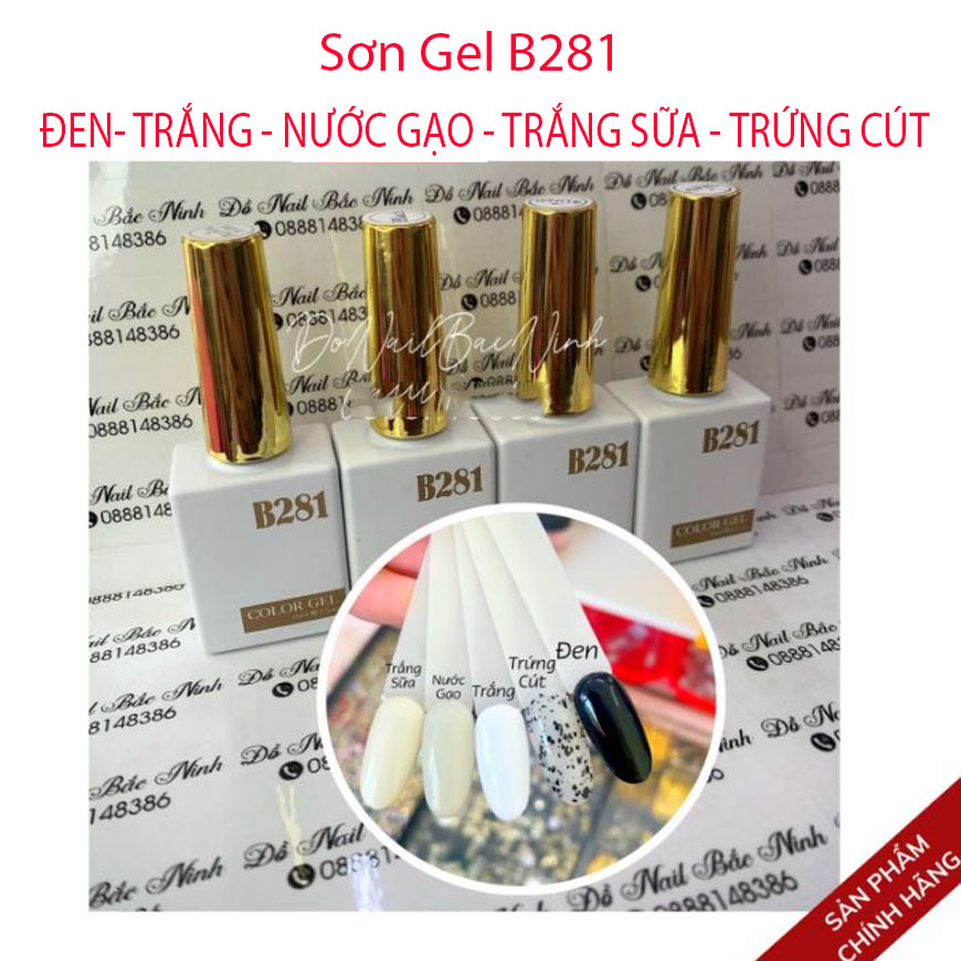 Sơn gel b281 đen, trắng, nước gạo, trắng sữa, top trứng cút chính hãng chai 15ml lên màu cực đẹp