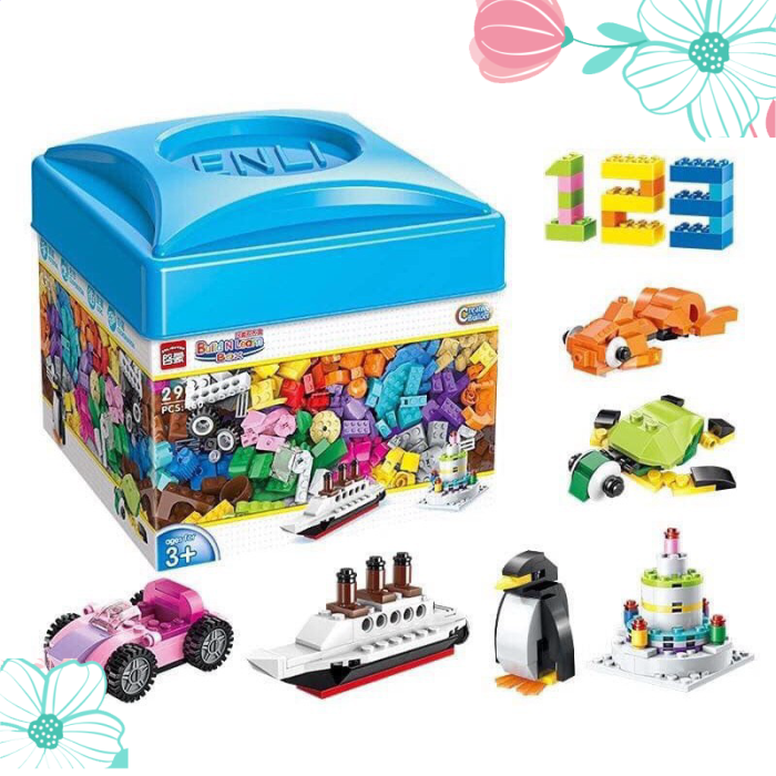 Bộ lego 460 chi tiết hộp vuông sáng tạo cho bé yêu, bộ lắp ghép lego 460 chi tiết cho bé thỏa sức sáng tạo, phát triển tư duy cho bé, bộ lego 460 chi tiết hộp vuông màu xanh