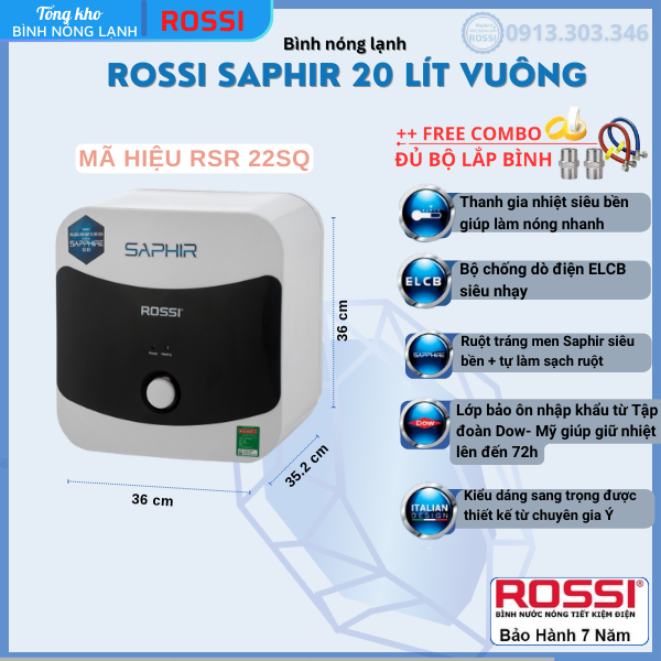 Bình nóng lạnh gián tiếp Rossi Saphir 20 Lít Vuông, mã hiệu RSR22SQ- bảo hành 7 năm, hàng chính hãng Tân Á Đại Thành