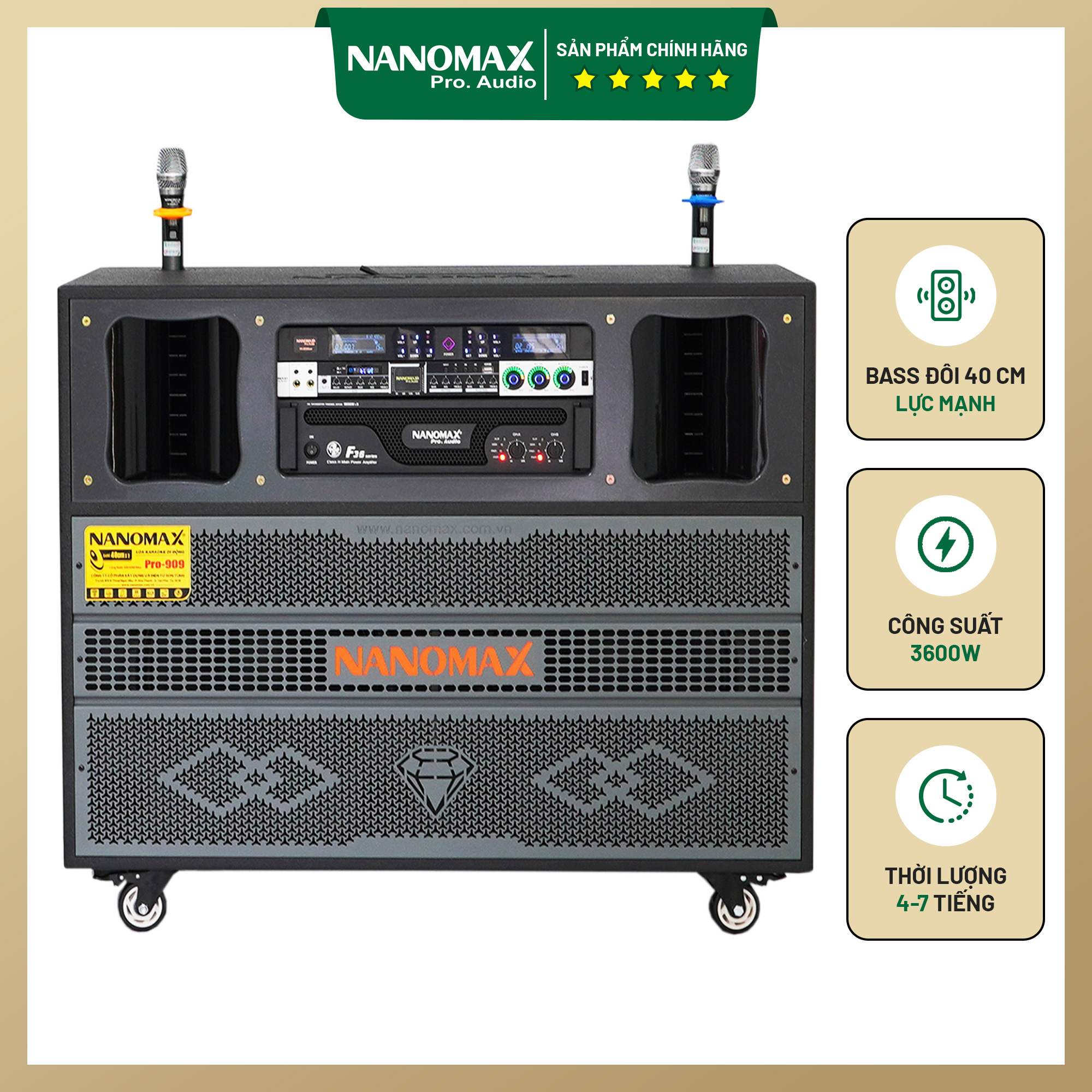 Loa kéo điện bass đôi nanomax pro-909 3600w bass 40cm x2 karaoke bluetooth