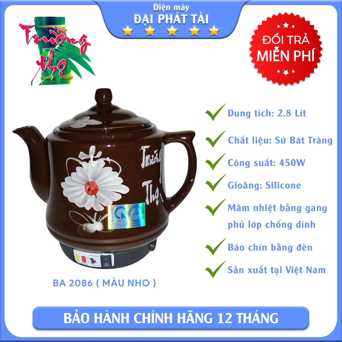 CHỈ GIAO HỎA TỐC TP.HCM Siêu sắc thuốc tự động Trường Thọ BA2086 2.8L