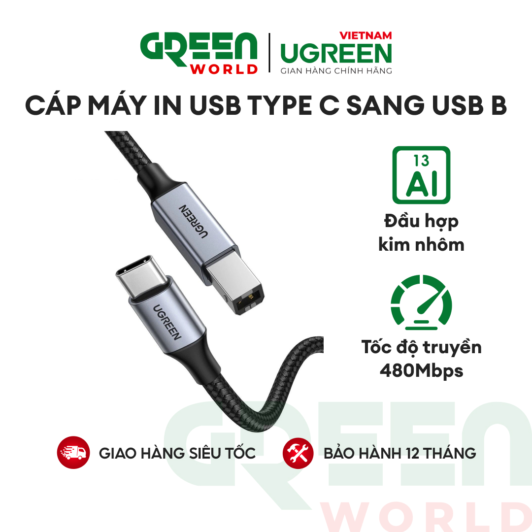 Dây máy in hỗ trợ cổng usb type c sang usb b dài 1-3m ugreen us370