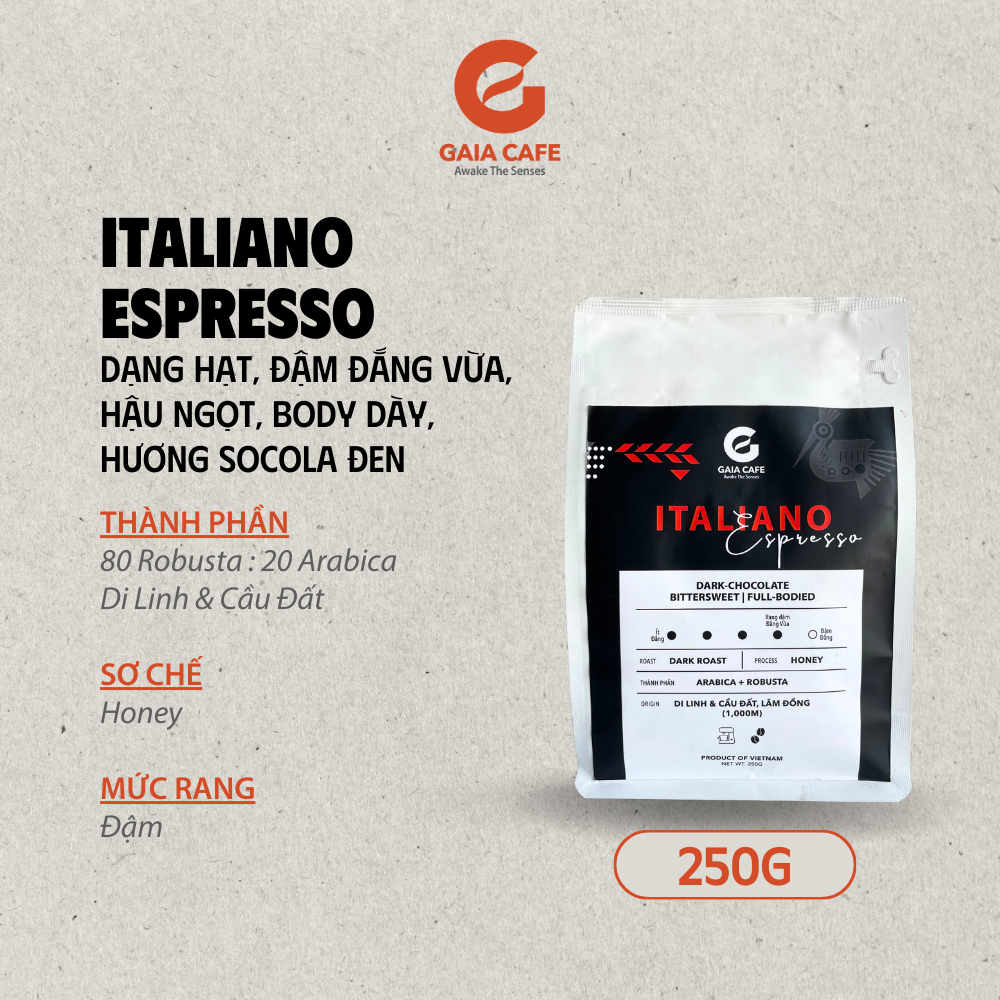 Cà phê hạt italiano espresso gaia cafe | cafe robusta & arabica | đậm, body dày | phù hợp pha máy espresso