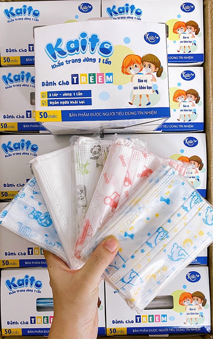 Hộp 50 Cái Khẩu Trang Em Bé KAITO In Hình Kháng Khuẩn, yên tâm cho bé dùng mùa dịch