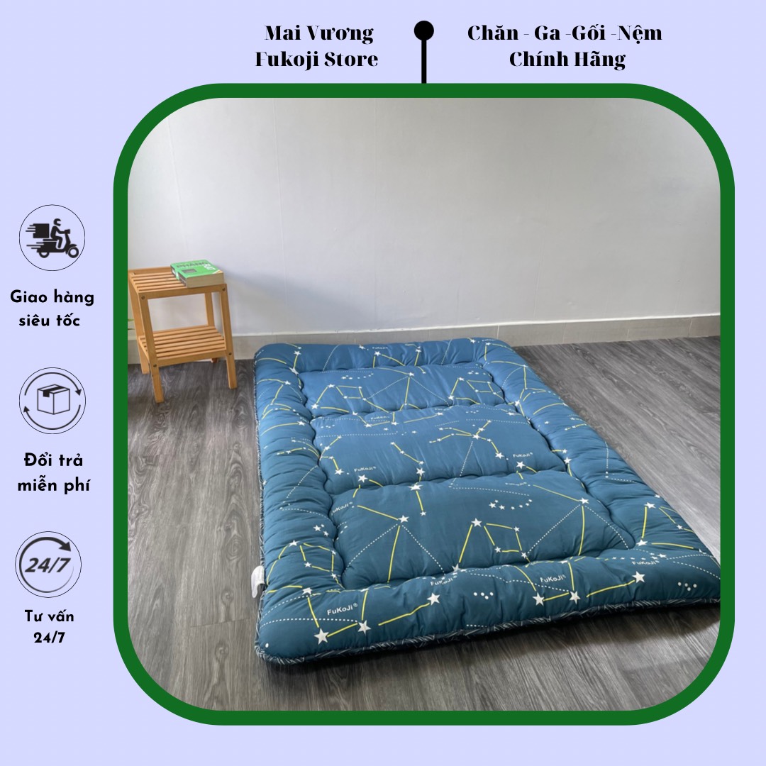 Fukoji nệm topper,nệm trải sàn xuất Nhật cao cấp xanh hoa văn dày 9cm kích thước 1mx2m,1m2x2m,1m4x2m,1m6x2m,1m8x2m