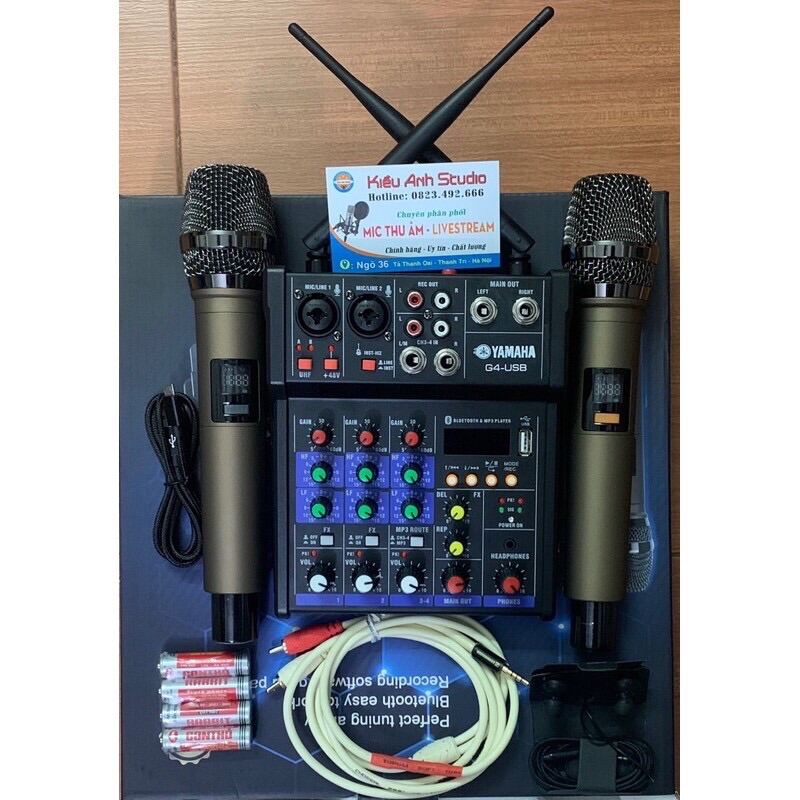 [FREESHIP MAX + MÃ GIẢM GIÁ] - [Mã ELMS5 giảm 7% đơn 300k] Combo bộ sản phẩm Livestream mixer G4 hai mic không dây tặng kèm tai nghe,dây livetream chế