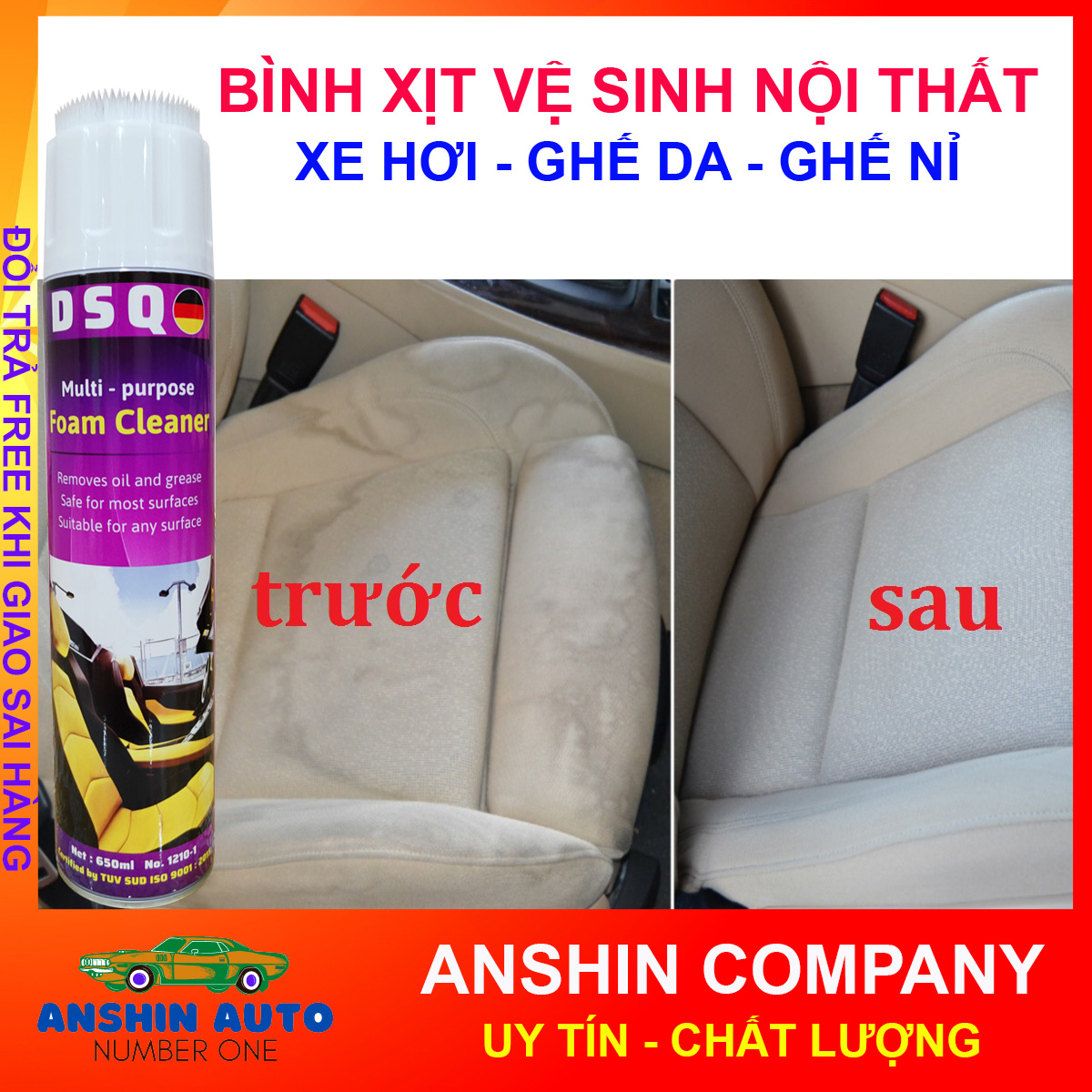 Vệ sinh nội thất ô tô - tẩy rửa ghế da, nỉ, vải, nội thất xe hơi - dung dịch làm sạch sofa - foam cleaner - dsq - anshin auto