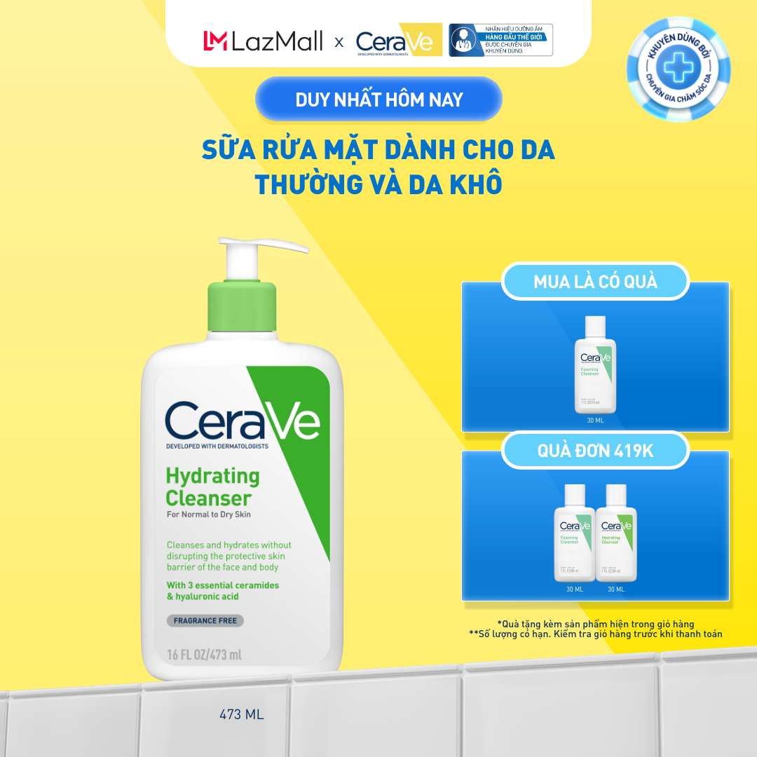 Sữa rửa mặt giúp làm sạch sâu và cấp ẩm dành cho da thường và da khô CeraVe Hydrating Cleanser 473ML