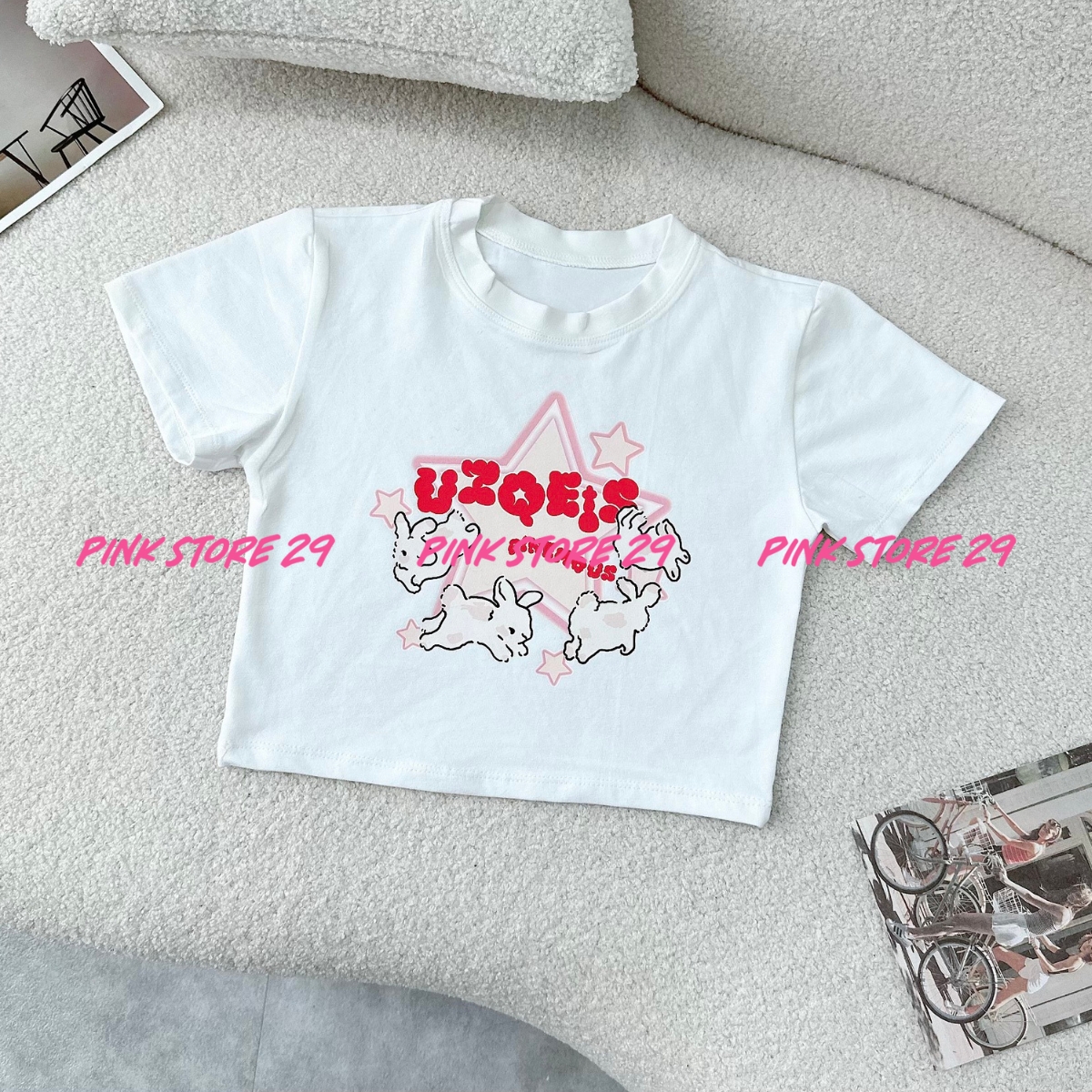 Áo croptop tay ngắn PINKSTORE29 in hình ngôi sao xinh xắn UZQEIS A5721