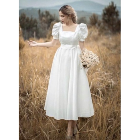 Váy trắng tiểu thư tùng xoè tay phồng nơ lưng phong cách Vintage Witch