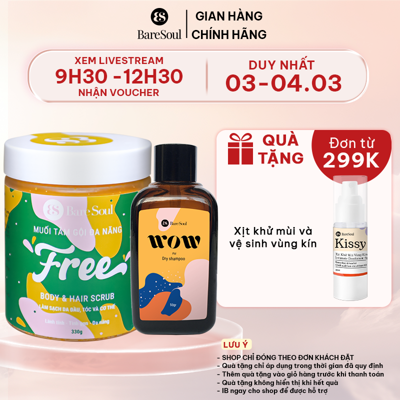 Combo giảm bết, gàu, làm phồng tóc, hỗ trợ mọc tóc BareSoul FREE Body & Hair Scrub 330g + Dầu gội khô WOW dry shampoo 50g