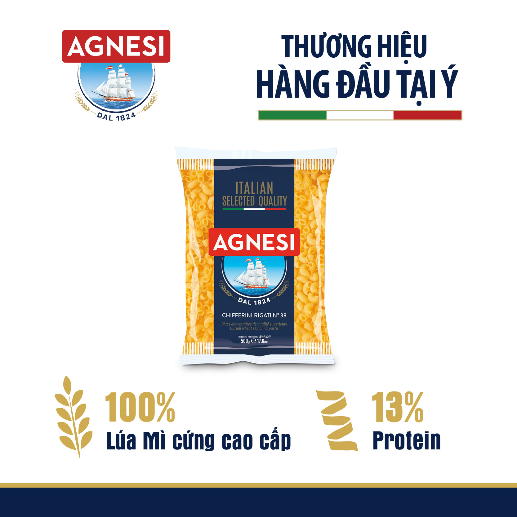 Nui ống cao cấp nhỏ và ngắn Chifferini Rigati Agnesi Ý 500g nấu ngon với sốt mì ý bò bằm Bolognese, nui cho bé