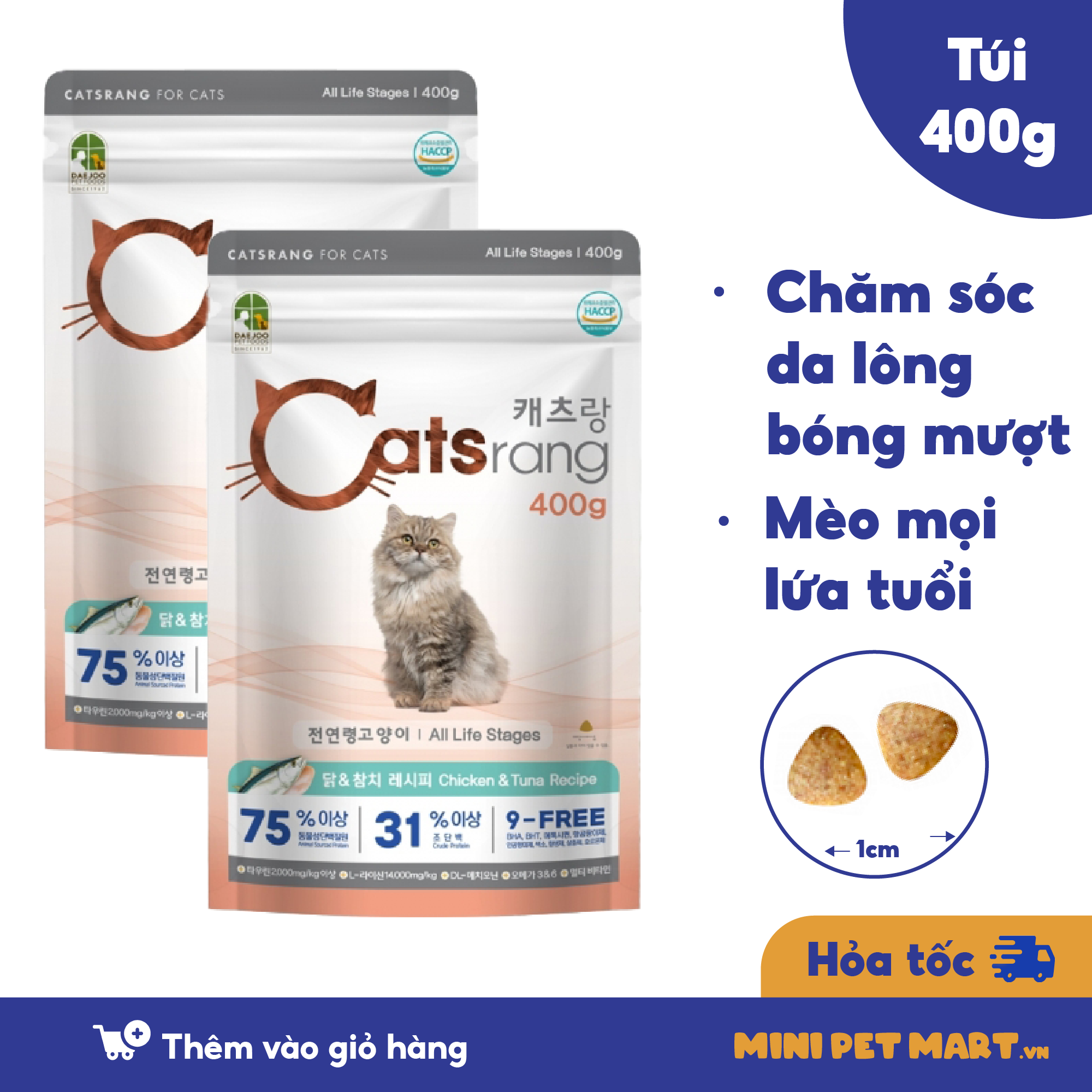 Hạt CATSRANG Cho Mèo Mọi Lứa Tuổi Độ Đạm Cao Từ Thịt Gà Và Cá Ngừ Gói 400g - Mini Pet Mart
