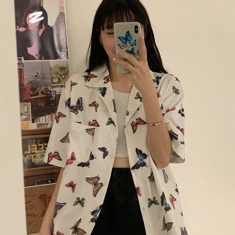 Áo Sơ Mi Tay Lỡ In Họa Tiết Bướm Vàng V2 Ulzzang Unisex