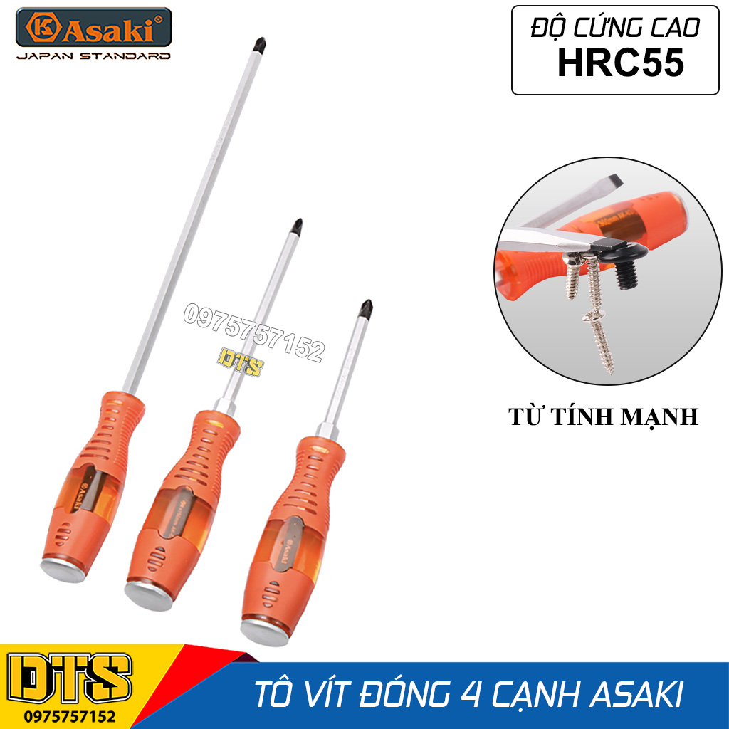 Tô vít đóng 4 cạnh, đầu bake Asaki thân lục giác, thép cứng CR-V cao cấp HRC55, có từ tính mạnh, tua vít đóng Nhật, tuốc nơ vít đóng bake chống va đập, tô đóng, to vit dong, tua vit dong