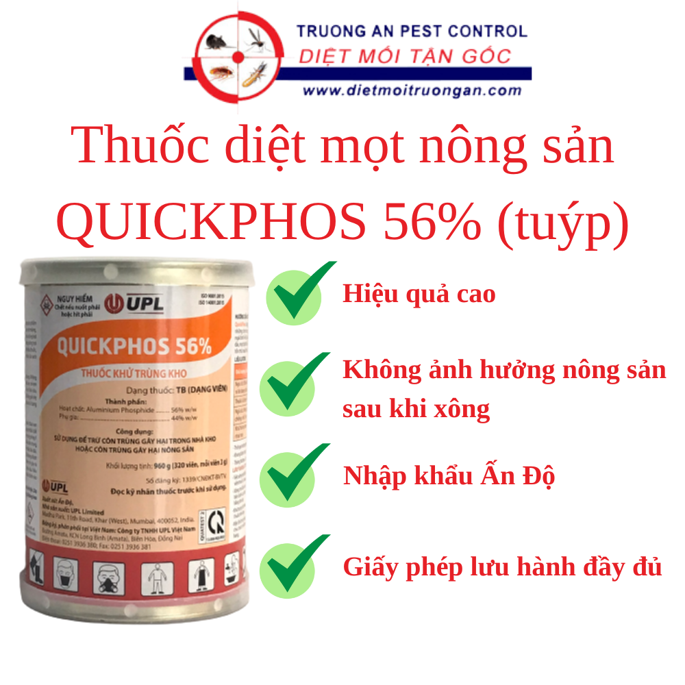 Thuốc xông mọt nông sản chuyên dụng QUICKPHOS 56%, dạng viên tròn trong tuýp, xuất xứ Ấn Độ, loại 1 tuýp 20 viên