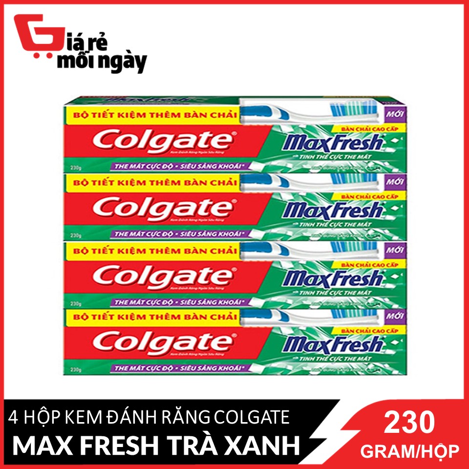 Bộ 4 Kem đánh răng Colgate the mát thổi bùng sảng khoái Maxfresh 230g tặng bàn chải đánh răng lông tơ