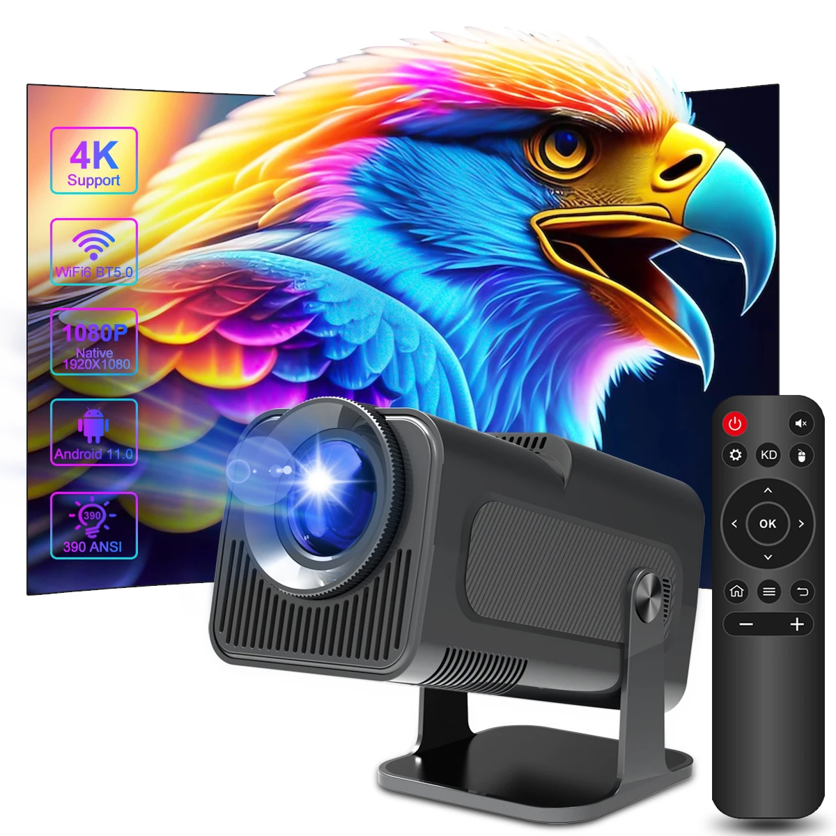 Máy chiếu mini Full HD 1080P tích hợp hệ điều hành android 11.0 wifi 6 bluetooth 5.0 phù hợp giải trí cho gia đình bảo hành 12 tháng Hy320 máy chiếu
