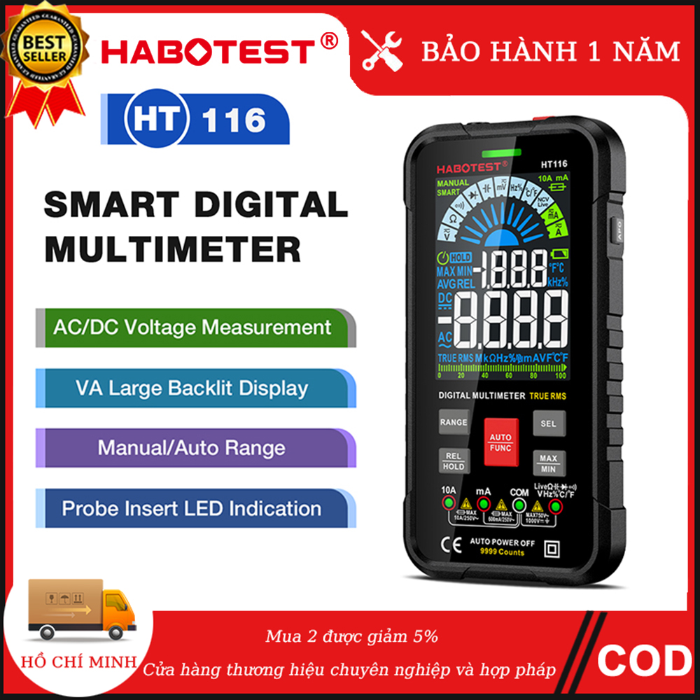 【Ship from Binh Duong HABOTEST HT116 Digital Smart Multimeter Voltmeter 9999 Counts Ture RMS NCV DC AC Voltage Current Duty Hz Ohm Capacitance Frequency Temperature Measurement Color Display