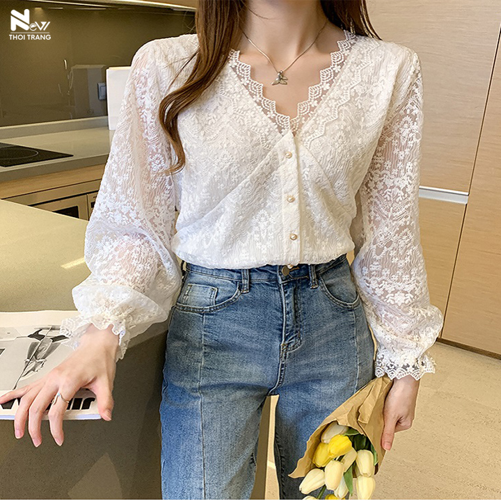Áo ren thêu hoa hai lớp chất vải tốt - new thoi trang
