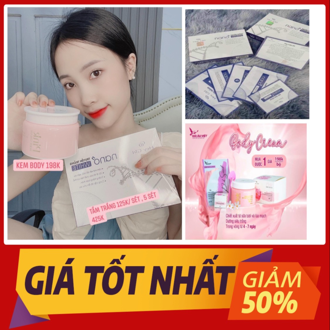 (COMBO 2 MÓN)Tắm trắng nano white+body pink ,dưỡng trắng toàn tân.chống nắng