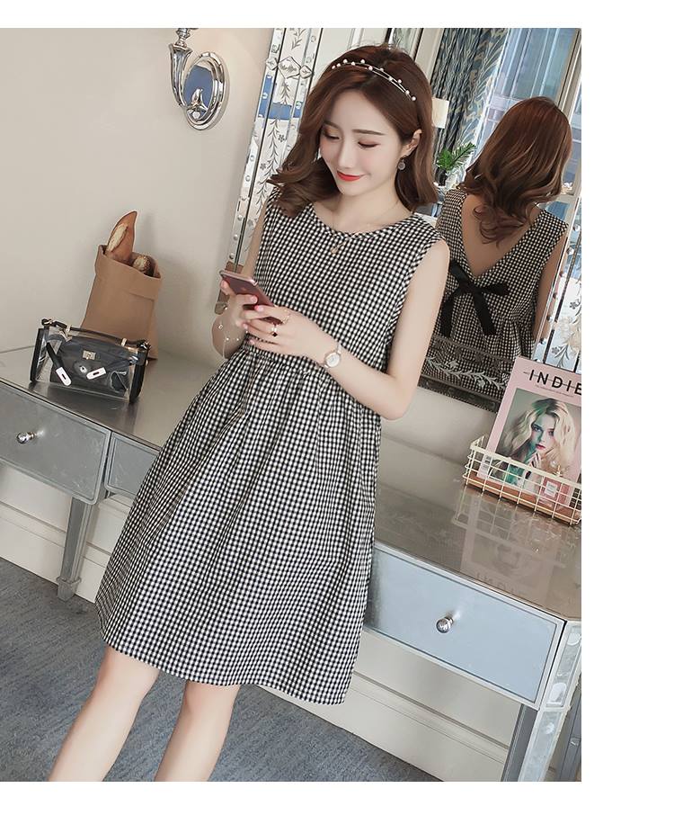 Váy bầu kẻ caro đen sát nách nơ sau myc 1240
