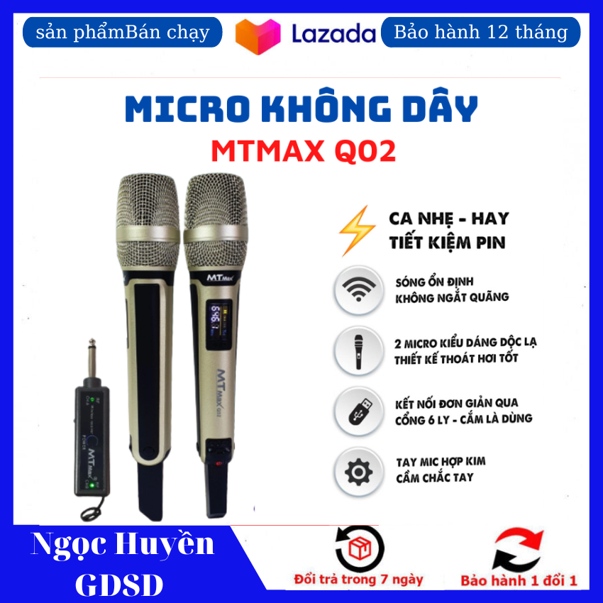 Micro Không Dây Đa Năng MTMAX Q02 - Micro không dây sử dụng cho mọi loại thiết bị âm thanh - Micro dành cho loa kéo, loa bluetooth, amply - Màn hình Led hiển thị thông số - Âm thanh cực hay